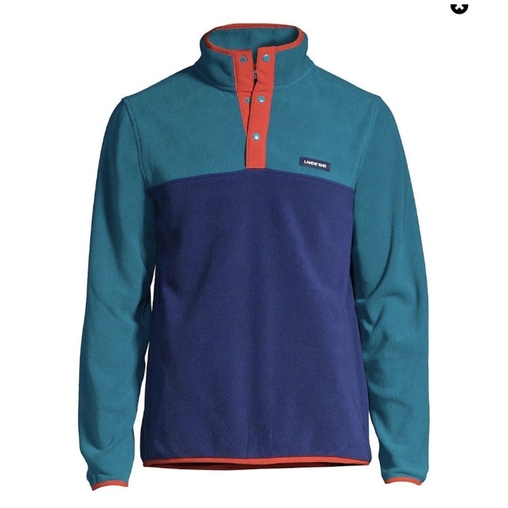Lands' End Teal Multi Color Block Heritage Snap Fleece Pullover Size Large